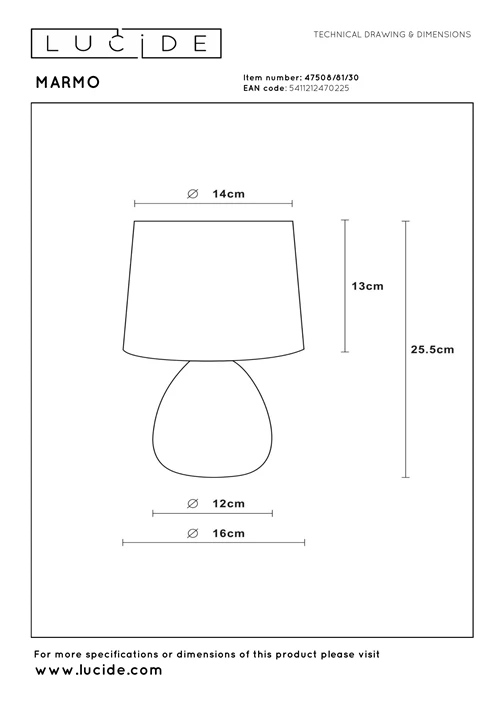 Lucide MARMO - Lampe de table - Ø 16 cm - 1xE14 - Noir - technique